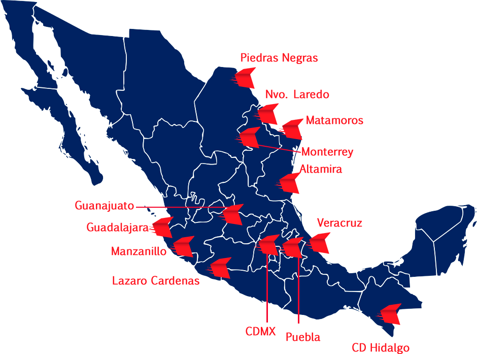 Mapa de México con las aduanas: Piedras Negras, Nuevo Laredo, Matamoros, Monterrey, Altamira, Guanajuato, Guadalajara, Manzanillo, Lázaro Cárdenas, CDMX, Puebla, Veracruz y Cd. Hidalgo